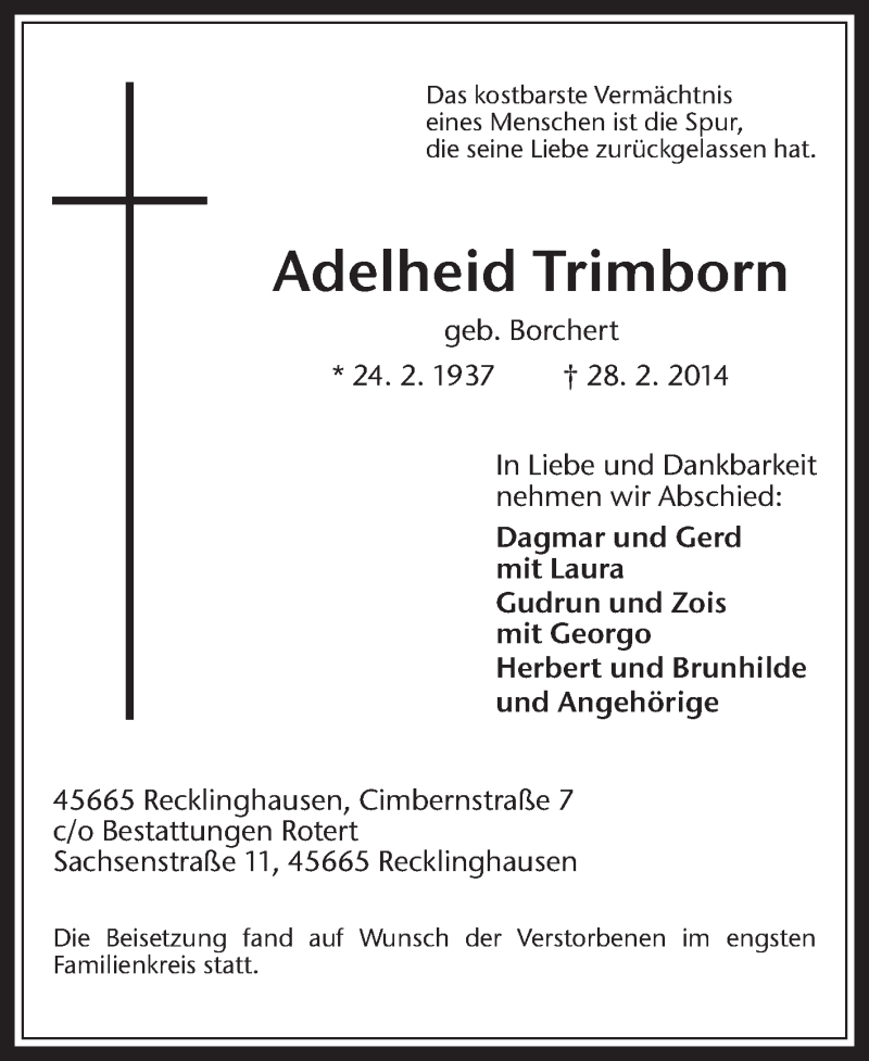  Traueranzeige für Adelheid Trimborn vom 10.03.2014 aus Medienhaus Bauer